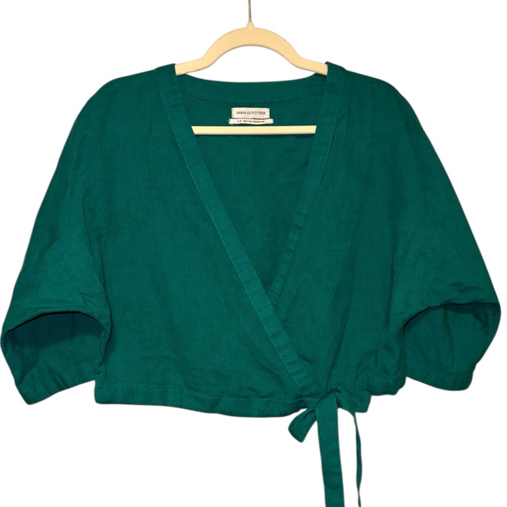 Urban Outfitters Teal/Green Cotton & Linen‎ Blend Cropped Wrap Blouse size L